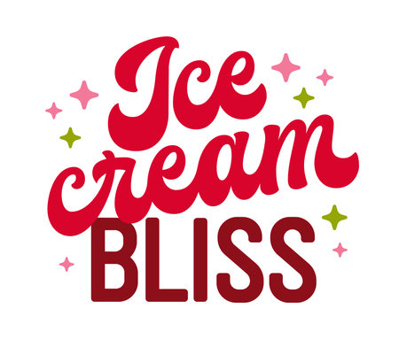 Ice Cream Bliss. The whimsical typography features playful, flowing lettering. Decorative stars and shapes enhance the text. A vibrant palette of greens and pinks creates a joyful, happy summer vibeのイラスト素材