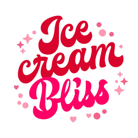 Ice Cream Bliss. Playful typography with bold, curvy lettering. Animated decorative hearts and stars. Rich red and pink color scheme evokes summer joy and happiness. Whimsical mood throughoutのイラスト素材