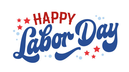 Happy Labor Day in bold, playful typography. Decorative elements include stars and dots. The color scheme features blue, red, and white. The overall mood is cheerful, festive, and celebratory.のイラスト素材
