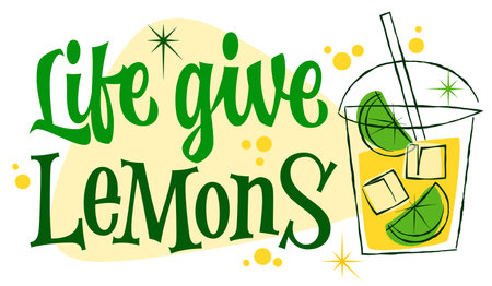 Life Give Lemons. Curvy, stylized typography captures a playful retro vibe. Decor elements include a drink with lime and ice. The color palette features vibrant greens and sunny yellows.のイラスト素材