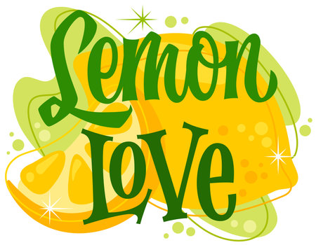 Lemon Love. Playful typography features elegant curves and bold strokes. Decor elements include lemon slices and whimsical dots. The color palette showcases vibrant yellows and greens.のイラスト素材