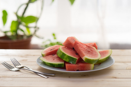 Slices of watermelon on a plate on wooden table with two forks next to windowの写真素材