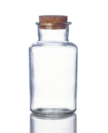 Empty glass bottle with cork solated on white backgroundの写真素材