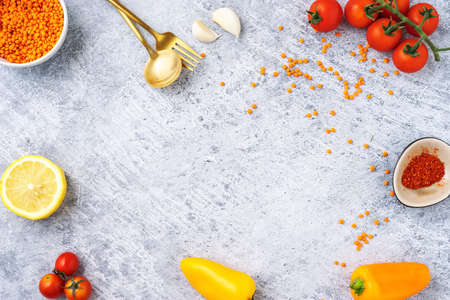 Fresh delicious ingredients for healthy cooking lentil soupの写真素材