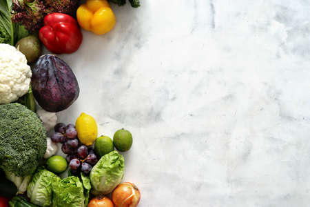Healthy and fresh vegetables on white background. Copy space