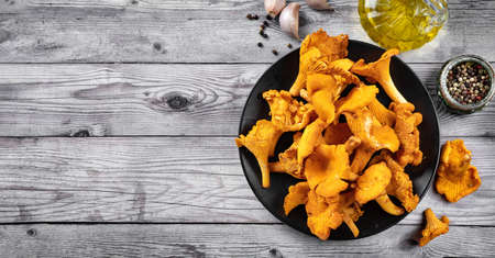 Top view on a plate with mushrooms chanterelles on gray woonden rustic background. Lon banner. Copy spaceの写真素材