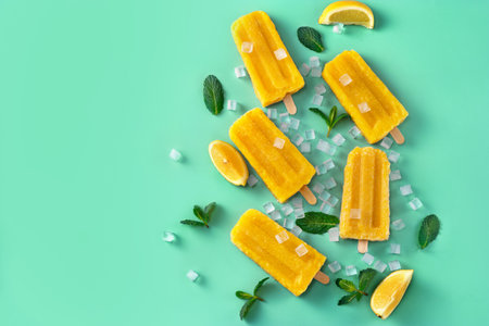 Top view of homemade vegan mango ice creams on trendy aqua backgroundの写真素材