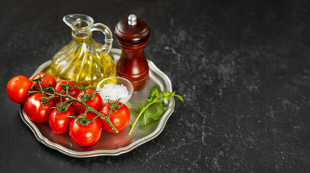Olive oil, pepper, salt and fresh tomatoes on black backgroundの写真素材