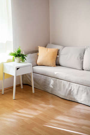 Gray sofa with yellow pillow in living roomの写真素材