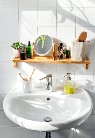 Shelf in a bathroom over the sink with sustainable cosmetic items and reusable bottles. Shadows from the window. Wellness and sustainability conceptの写真素材