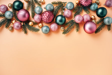 Corofull and shiny Christmas baubles and fur-tree branches on retro background with copy space....