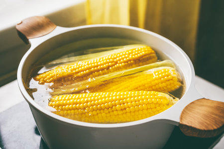 Top view of corn cobs boiling in a pot. Healthy vegetarian food concept
