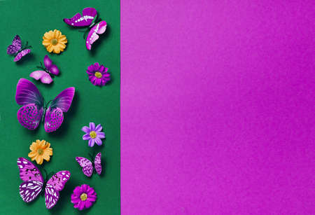 Vivid duotone green and violet background with butterflies. Color trends 2022. Minimal flat lay conceptの写真素材