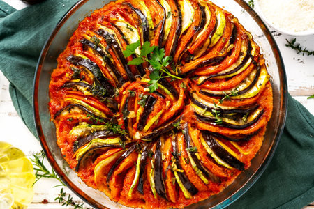 Provance tradininal vegetable dish ratatouille. Close up and top viewの写真素材
