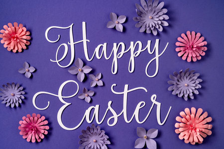 Happy Easter floral design. Flower violet background with greeting text. Floral pattern texture....