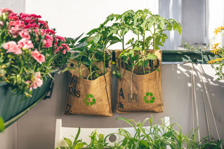 Tomatoes and sunflowers grow in reusable plant bags on balcony. Tee-big-bags were recycled by indian workers in India. Intelligent consumption of productsの写真素材
