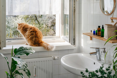 Orange cat watching the birds outside the window. Domestic pets. Ginger furry cat at home in bathroom. Comfort home zoneの写真素材
