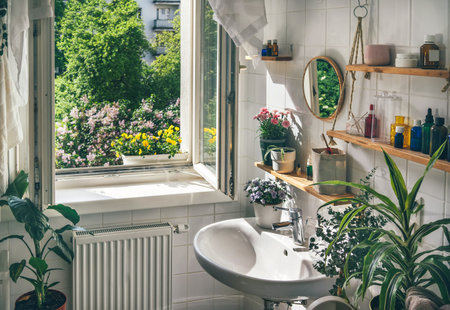 Open window in white modern eco friendly bathroom with biophilic designの写真素材