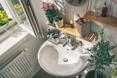 White sink with many green plants in light modern bathroom seeing from aboveの写真素材