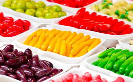 Deletable imitation fruits-Traditional Thai Dessert made from nut and jelly in foam carton の写真素材