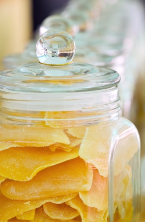 Mango preserve fruit in galss jar.の写真素材