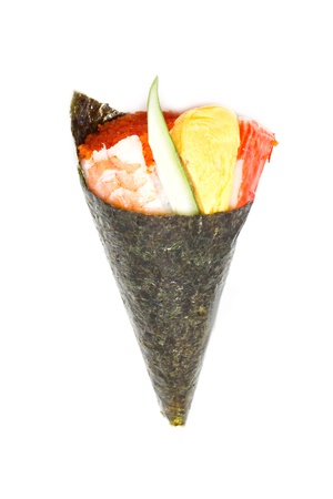 Hand rolled temaki sushi traditional japanese cuisine isolated on white の写真素材