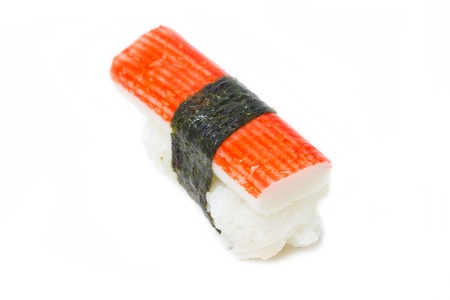 Crab stick Nigiri Sushi isolated on white の写真素材
