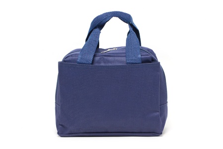Blue fabric handbag isolated on white の写真素材