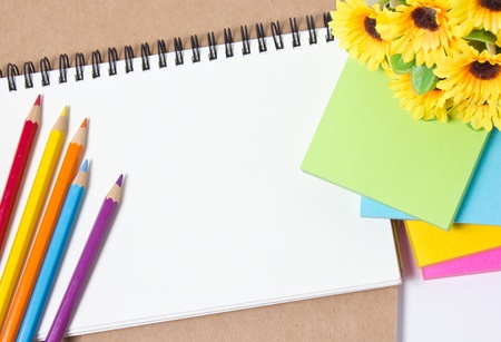 Blank notebook with color pencil and sticky note  Education concept の写真素材