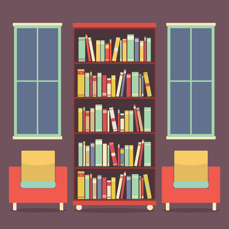 Flat Design Reading Seats and Bookcase Vector Illustrationのイラスト素材
