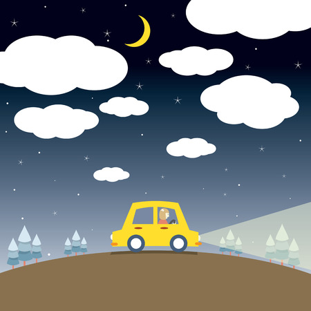 Single Woman Drive A Car In The Nightのイラスト素材