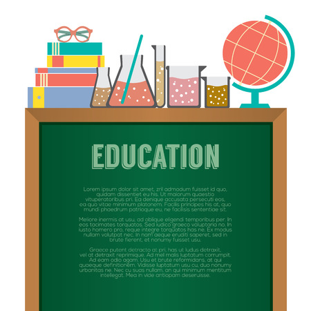 Flask, Books, Eyeglasses And Desk Globe With Chalkboard Education Concept Vector Illustrationのイラスト素材