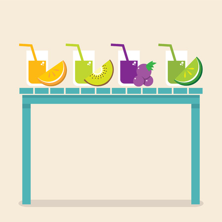 Set Of Fruit Juice Glasses On Wooden Table Vector Illustrationのイラスト素材