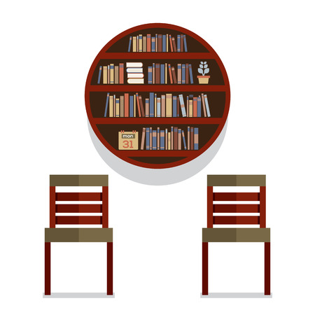 Chairs With Round Bookshelf On Wall Vector Illustrationのイラスト素材