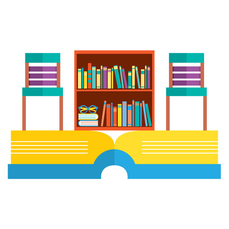 Colorful Chairs And Bookcase On Huge Book Vector Illustrationのイラスト素材