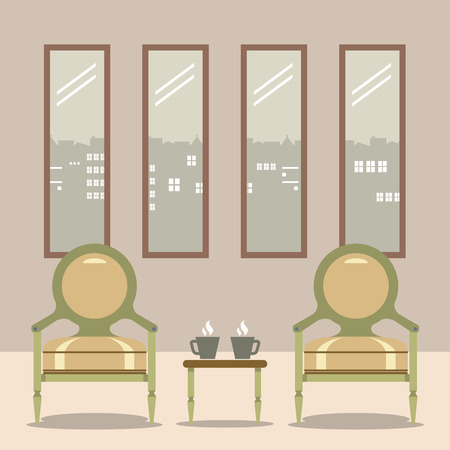 Flat Design Empty Chairs With Hot Coffee Cup On Table Vector Illustrationのイラスト素材