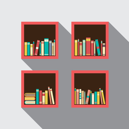 Flat Design Bookshelves Set On Wall Vector Illustrationのイラスト素材