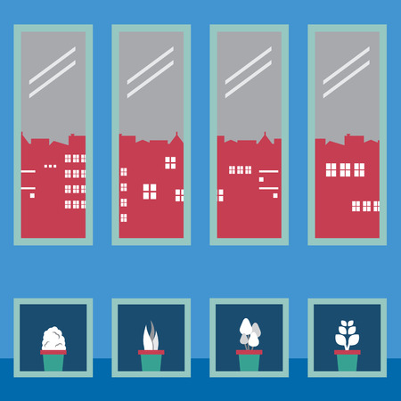 Pot Plant Boxes Under Four Glasses Windows Vector Illustrationのイラスト素材
