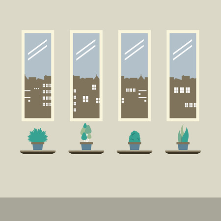 Four Glasses Windows With Pot Plants On Wooden Floorのイラスト素材