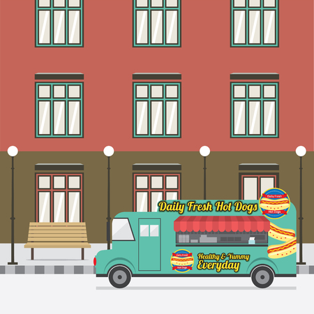 Food Truck Parking At The Empty Street Vector Illustrationのイラスト素材
