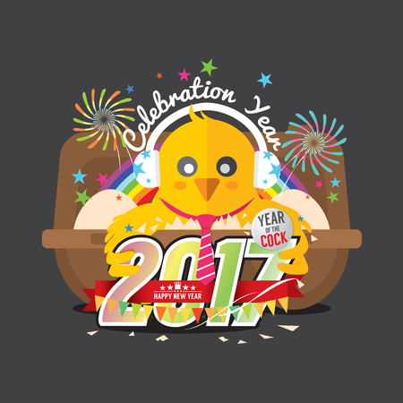 Cute Chick Celebrating 2017 With Colorful Firework Vector Illustrationのイラスト素材