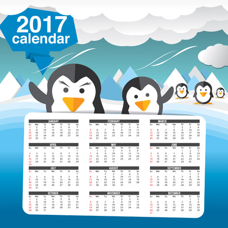 2017 Printable Calendar Starts Sunday Cute Penguins Vector Illustrationのイラスト素材