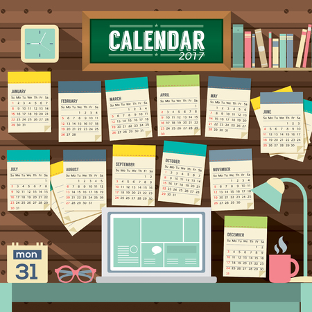 2017 Calendar Starts Sunday Workspace Concept Vector Illustrationのイラスト素材
