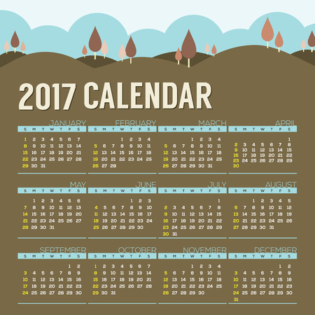 2017 Printable Calendar Starts Sunday Natural Landscape Vintage Color Vector Illustrationのイラスト素材