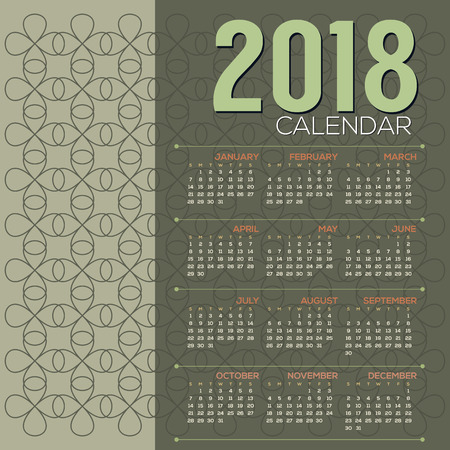 2018 Printable Calendar Starts Sunday Green Vintage Graphic Vector Illustrationのイラスト素材