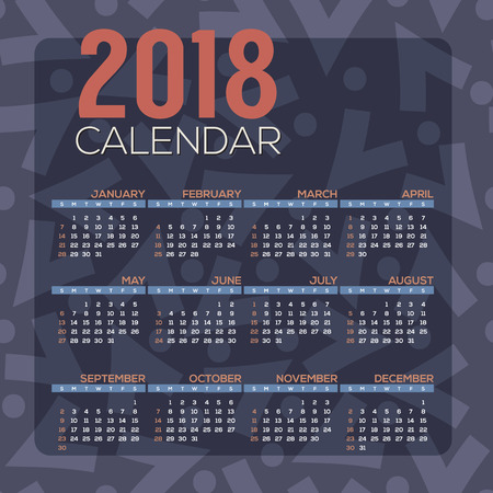 2018 Printable Calendar Starts Sunday Dark Blue Pattern Vector Illustrationのイラスト素材