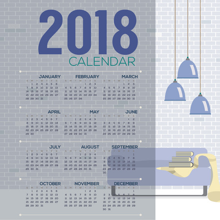 2018 Cozy Living Room Flat Design Printable Calendar Starts Sunday Vector Illustration.のイラスト素材