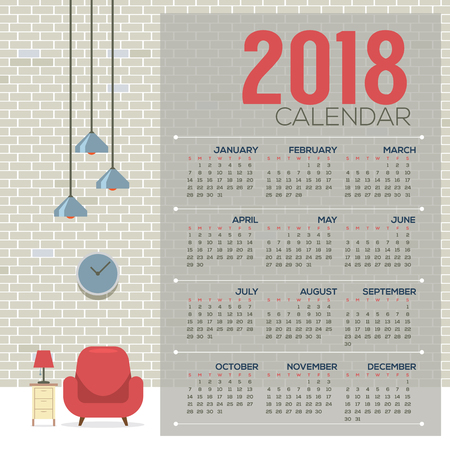 2018 Cozy Living Room Flat Design Printable Calendar Starts Sunday Vector Illustration.のイラスト素材