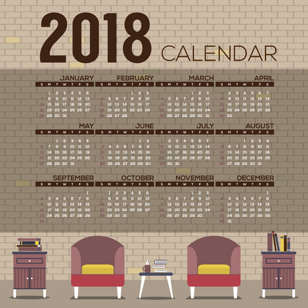 2018 Cozy Living Room Flat Design Printable Calendar Starts Sunday Vector Illustrationのイラスト素材