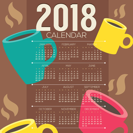 2018 Coffee Cups Flat Design Graphic Printable Calendar Starts Sunday Vector Illustrationのイラスト素材
